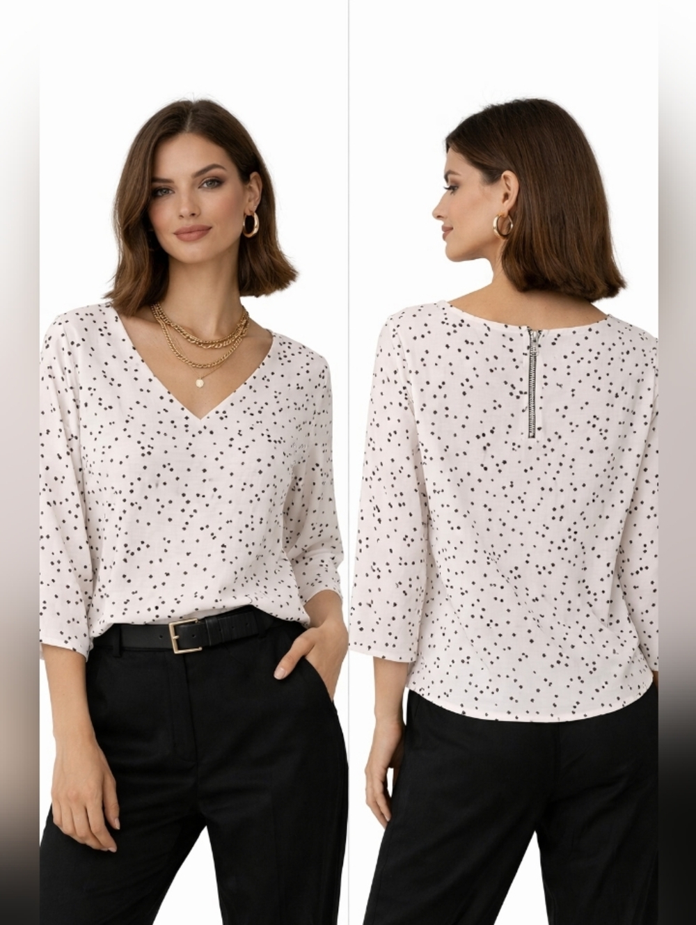 Mellowday Women's White V-Neck Printed Blouse Zipper Back 1X